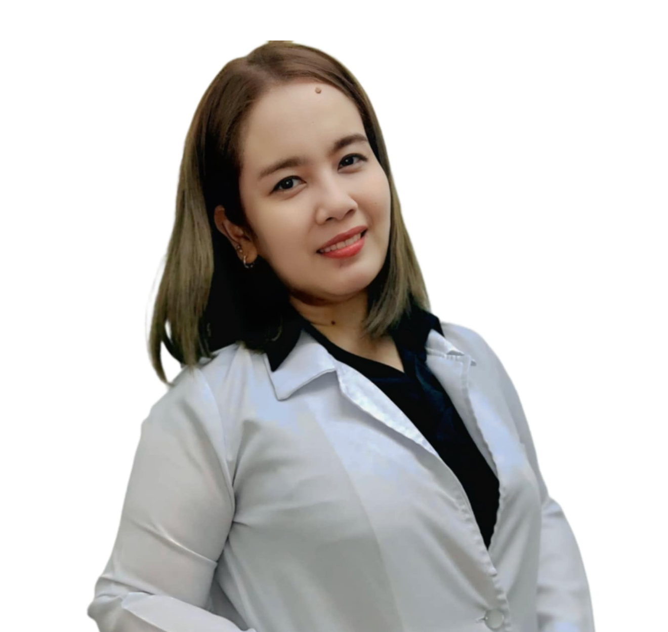 Woman wearing a white lab coat over a black shirt on a white background