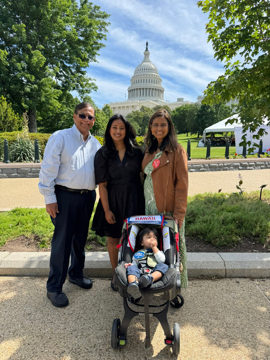 Family with a child in a stroller in front of the U.S. Capitol building.